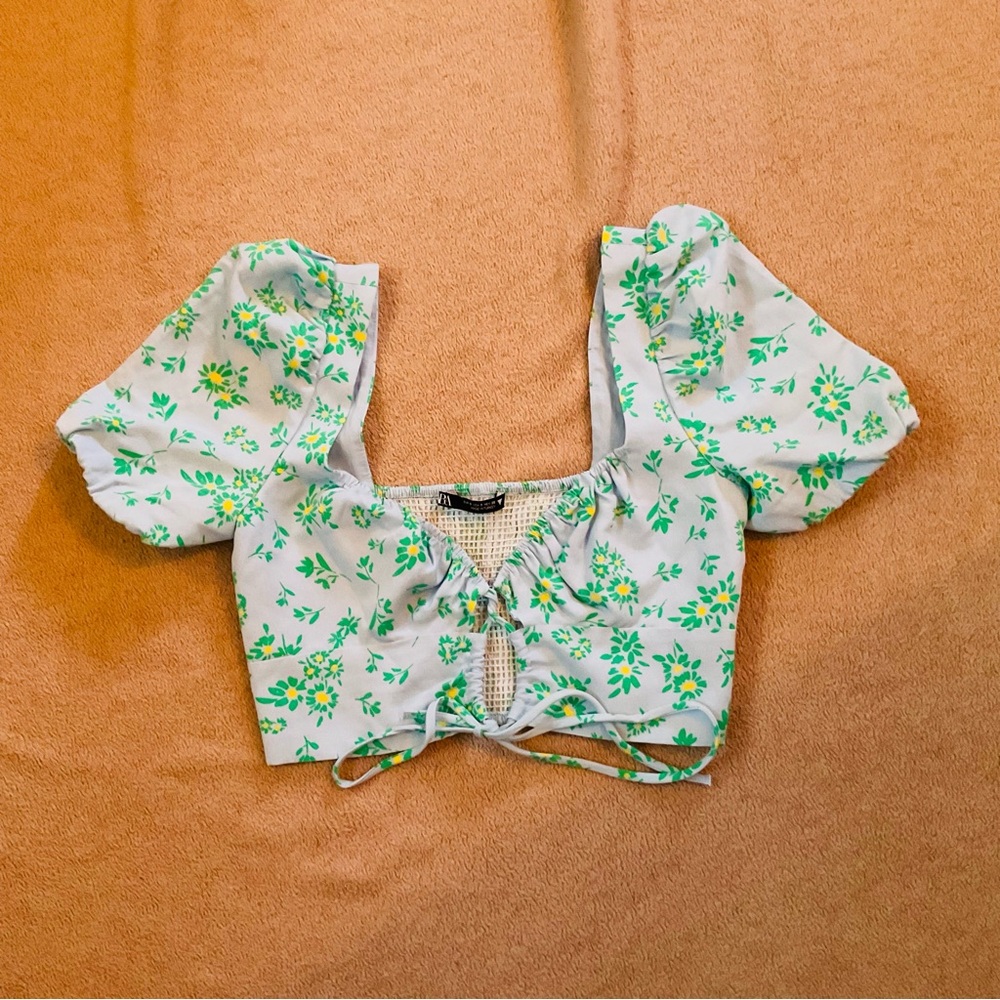Zara DAISY Floral LINEN BLEND CROP TOP blue S